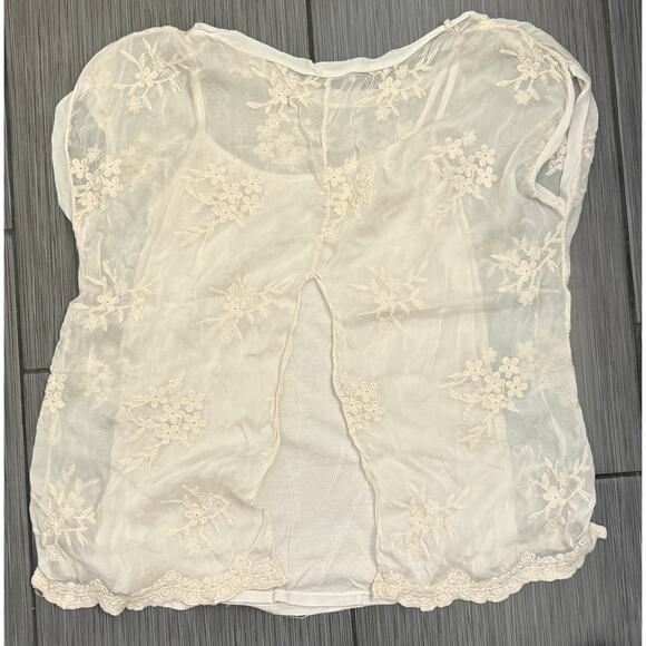 Angela Moda Sheer Silk Blend Floral Embroidered Top Size Large Italy Fairy Ivory - Picture 6 of 7